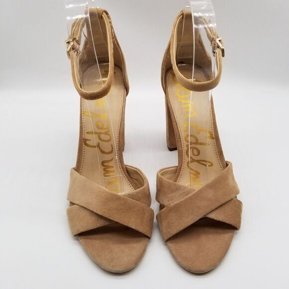 Sam Edelman Women Yancy Heeled Cross Sandals Size 9 Beige Suede Ankle Strap - Picture 2 of 7